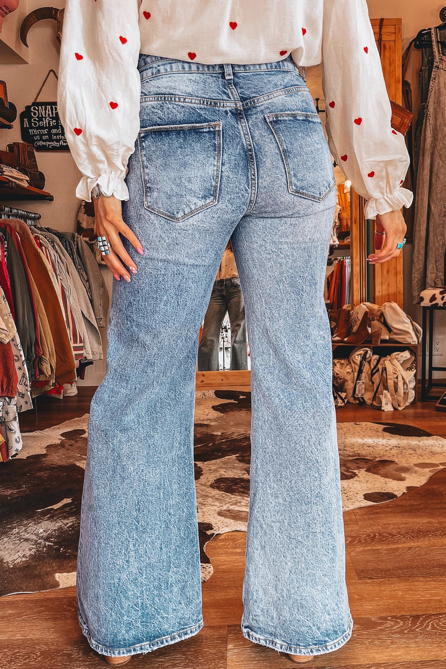 Beau Blue Fashion Blue Acid Wash Pocket Detail Flare Jeans