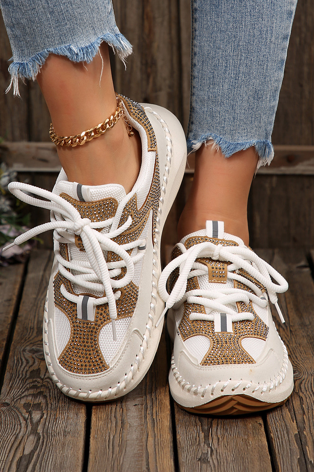 Embellished Colorblock Rhinestone Colorblock Patchwork Lace-up Breathable Sneakers