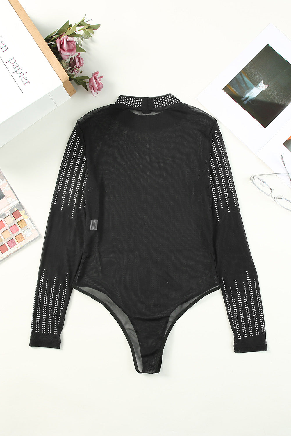 Women's Mesh Rhinestone Semi-Sheer Bodysuit