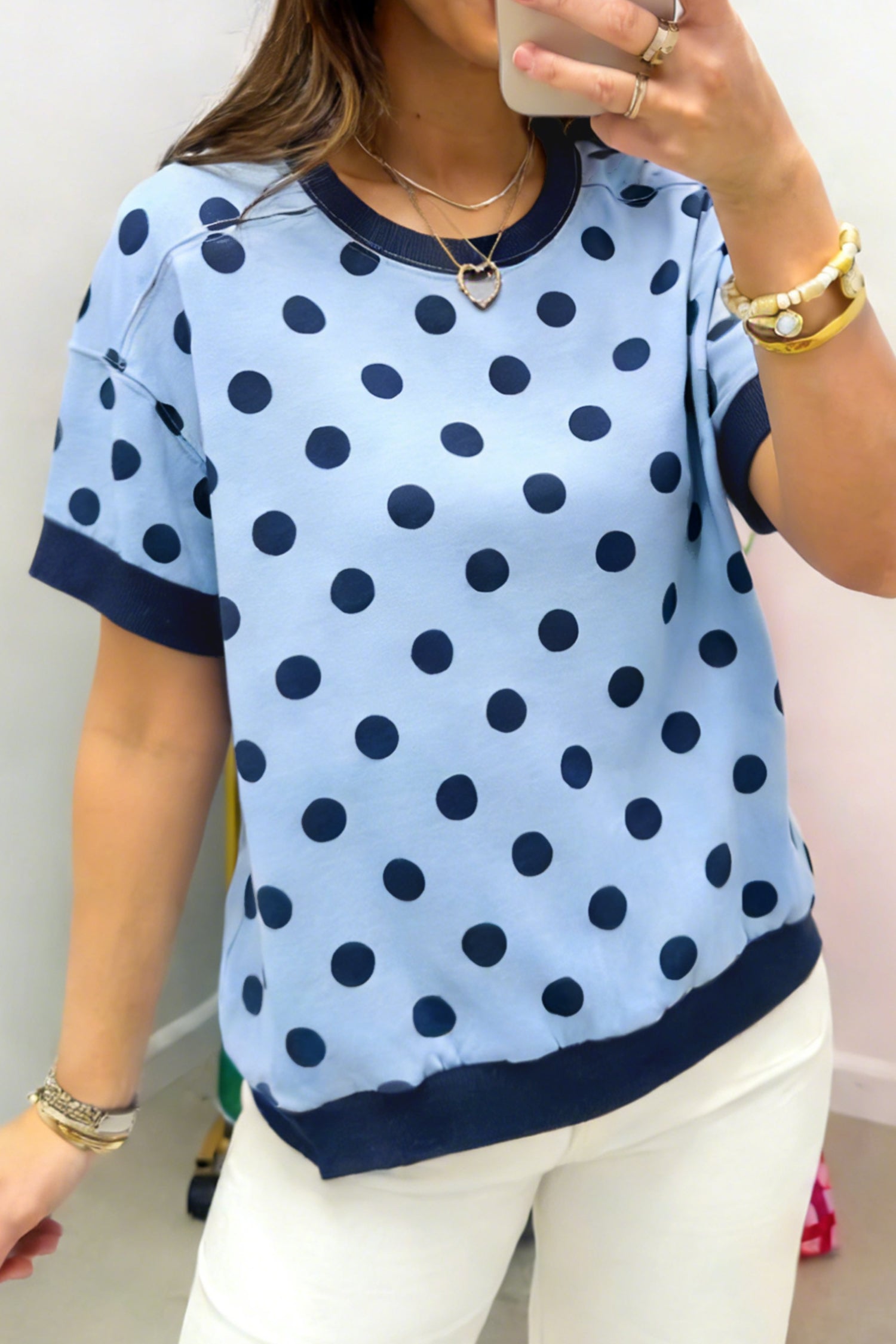 Colorblock Trim Polka-Dot Everyday Tee in Blue