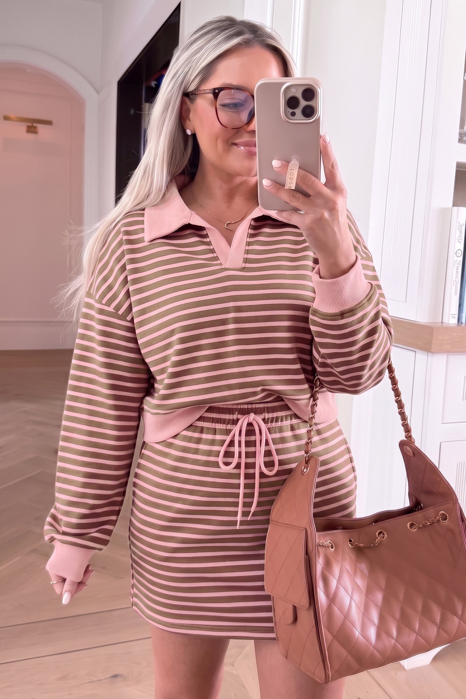Waist Striped Drawcord Long-Sleeved Top Mini Skort Set in Brown