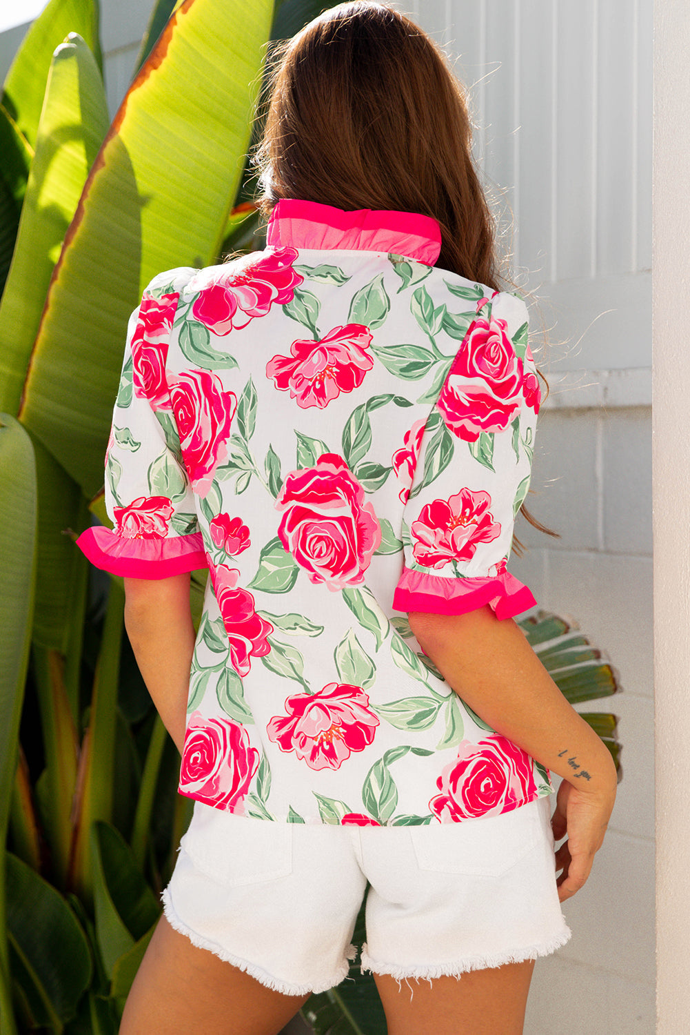 Frilled V-Neck Floral V-Neck Short-Sleeved Blouse Top
