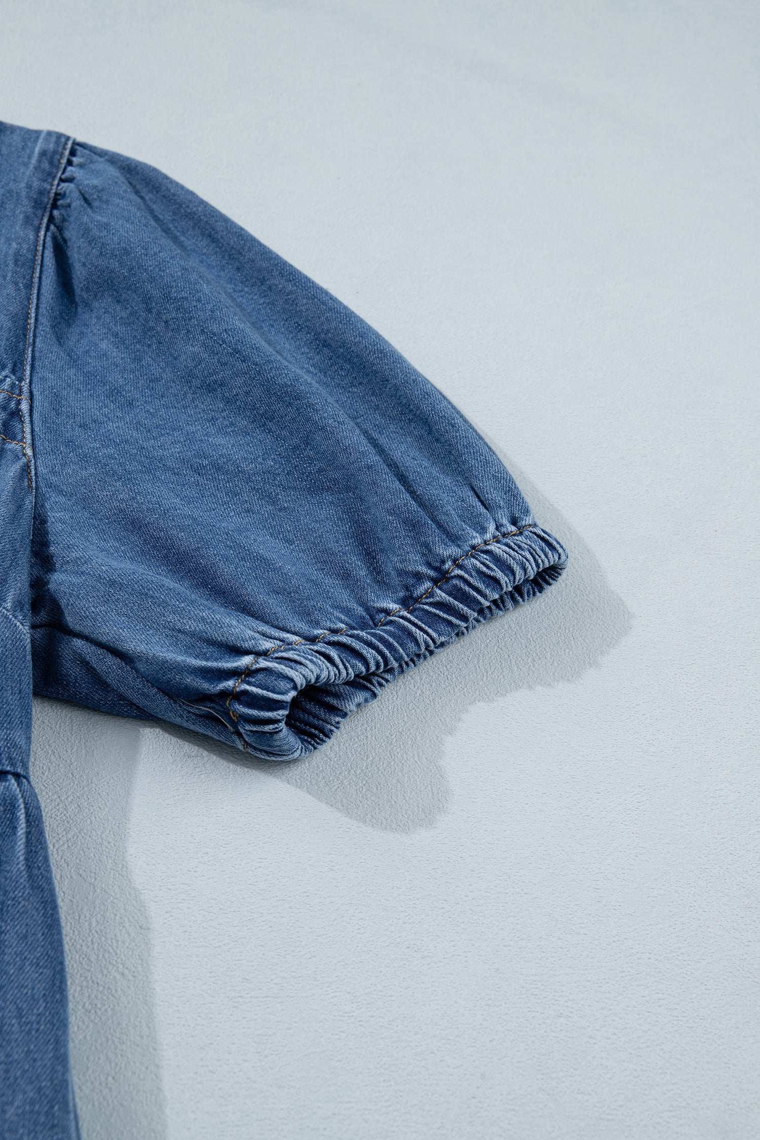 Button Short Square Neck Puff Sleeve Denim Mini Dress in Blue