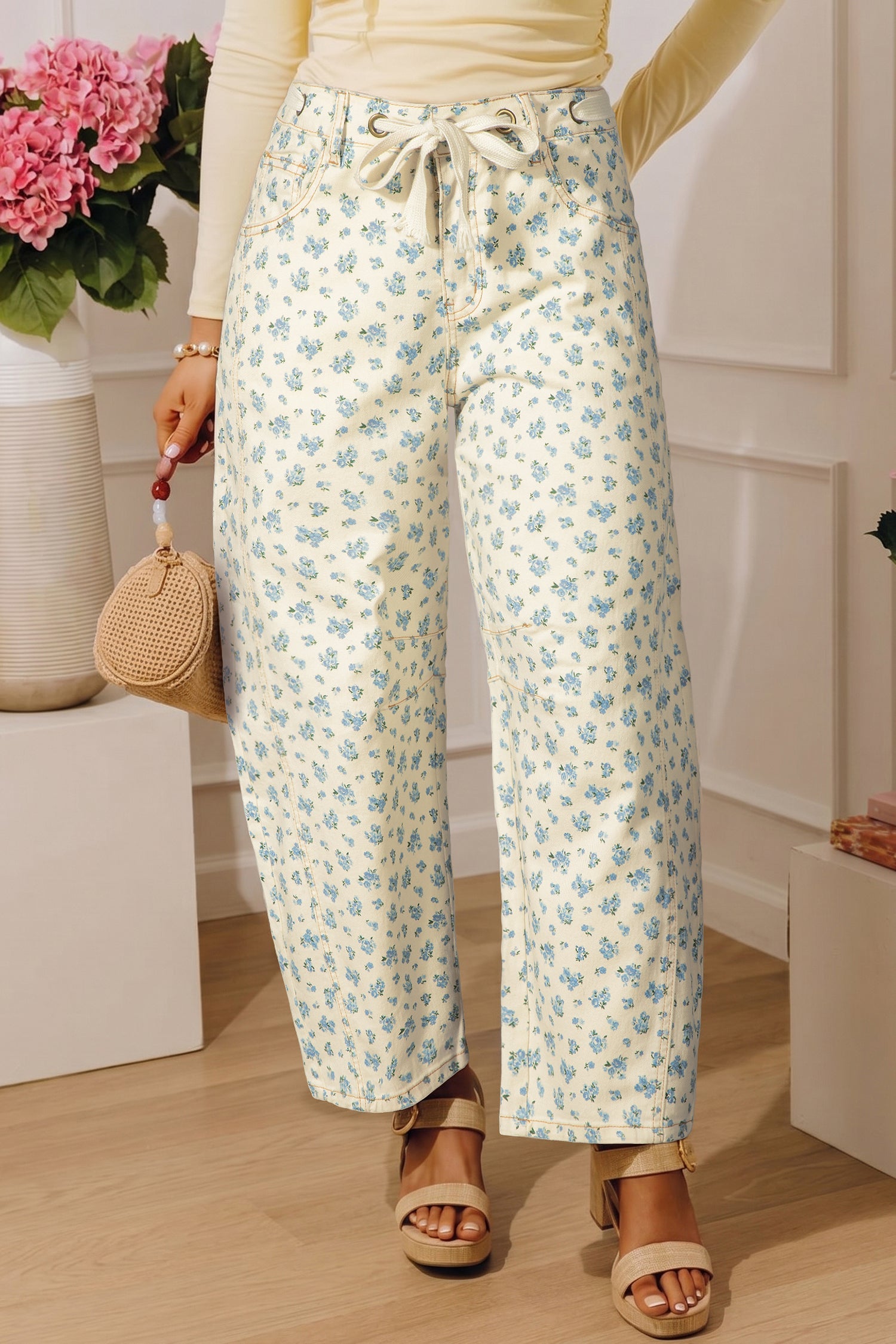 Grommet Knot Waist Floral Barrel Leg Jeans in Beige