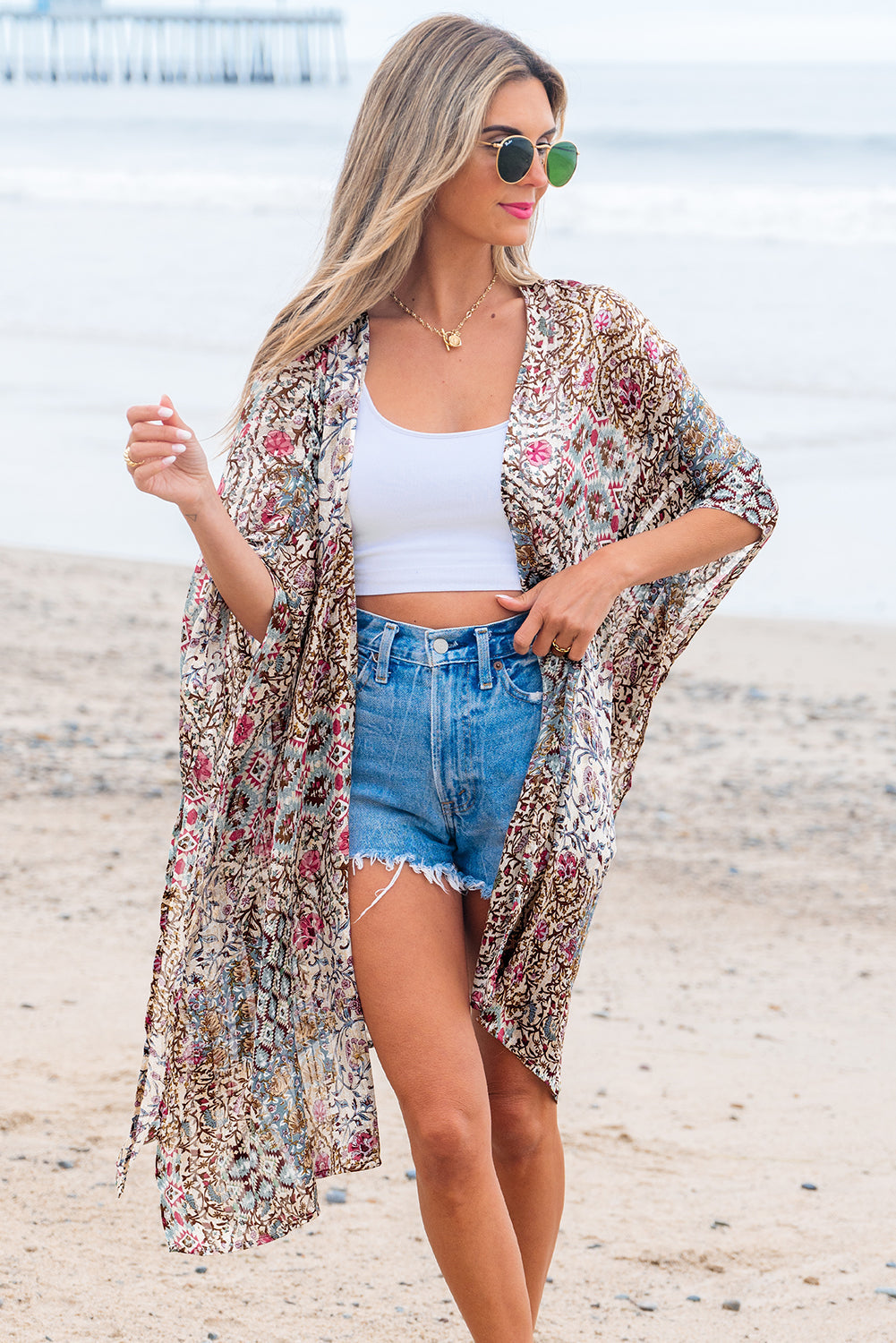 Floral Print Short Wide Sleeve Open Front Loose Kimono