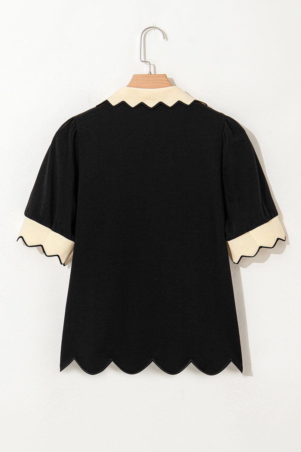 Color V-Neck Contrast Collared Puff Sleeve Blouse