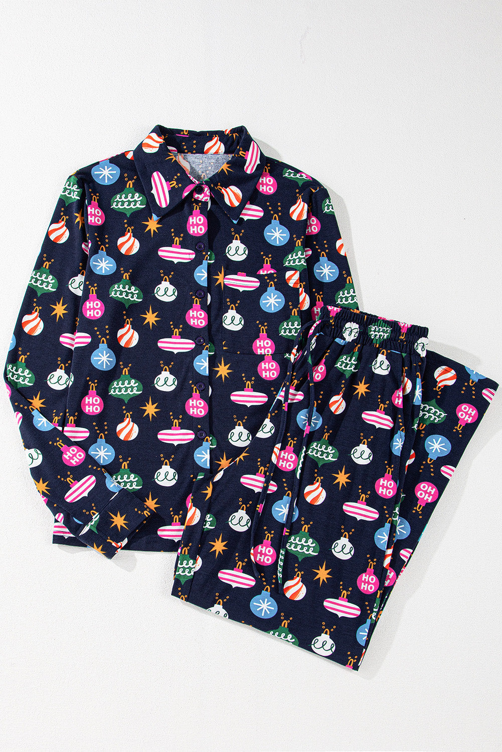 Lights Colorful Christmas Print Shirt and Pants Pajama Set