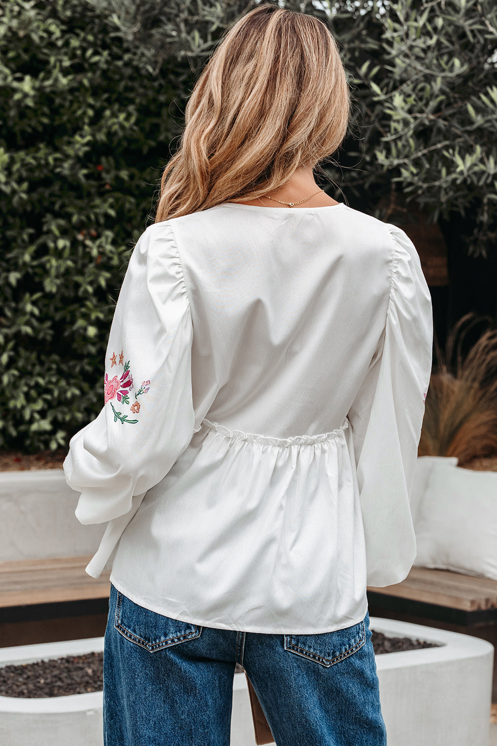 Lace-up Flower Print V-Neck Babydoll Blouse