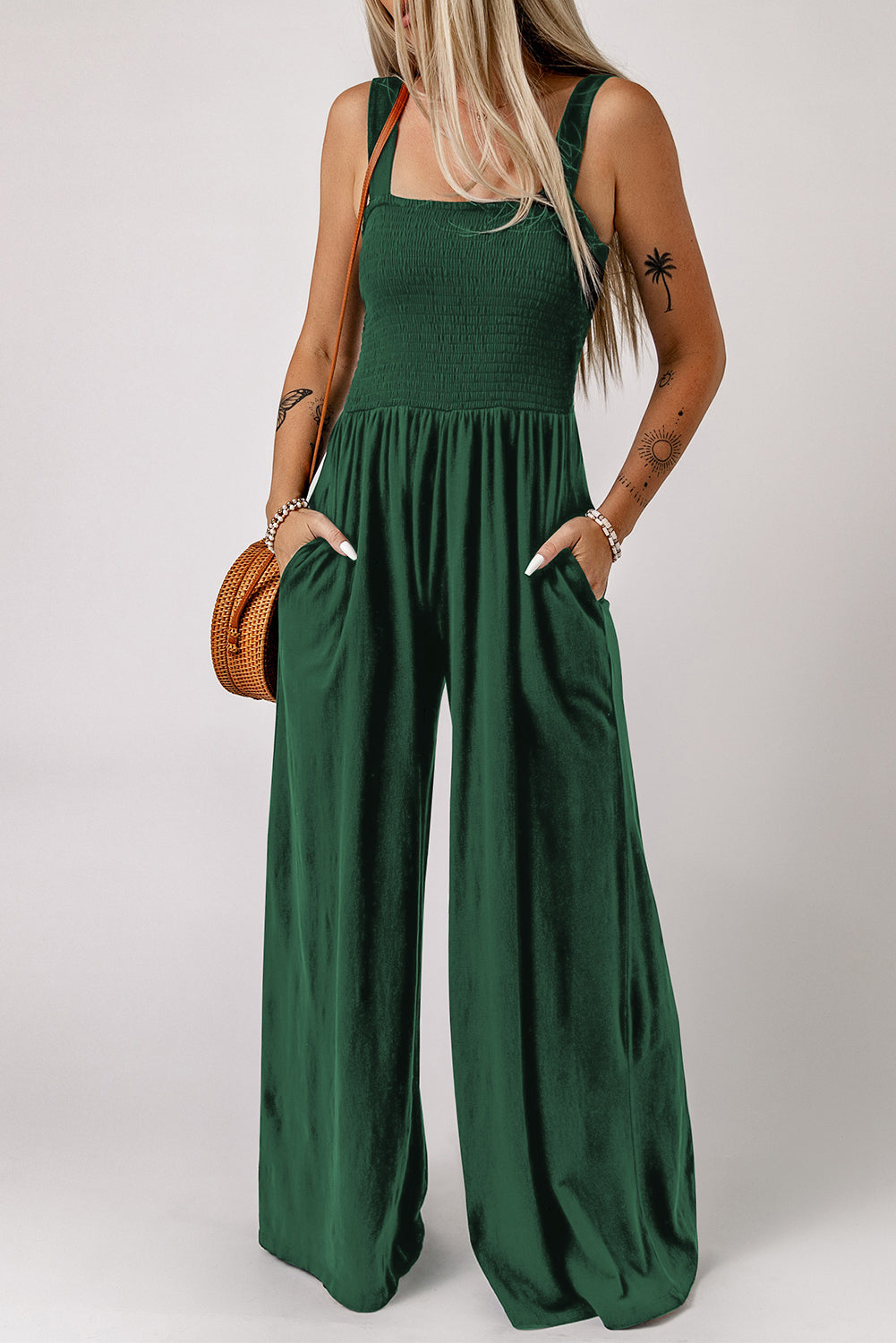 Women's Shirred Sleeveless Wide Leg Jumpsuit