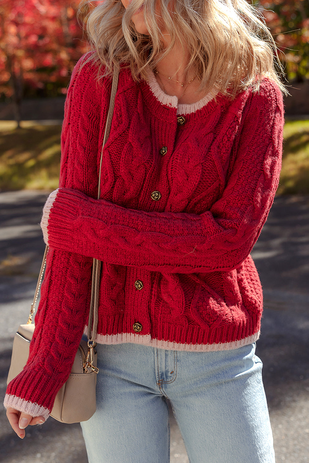 Color Contrast Edge Cable Knit Button-Front Cardigan in Red