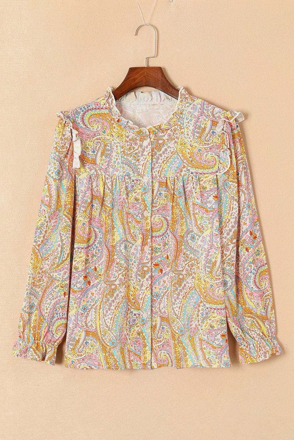 Women's Shirt Featuring Paisley Print Ruffle-Trimmed Trim Bohemian