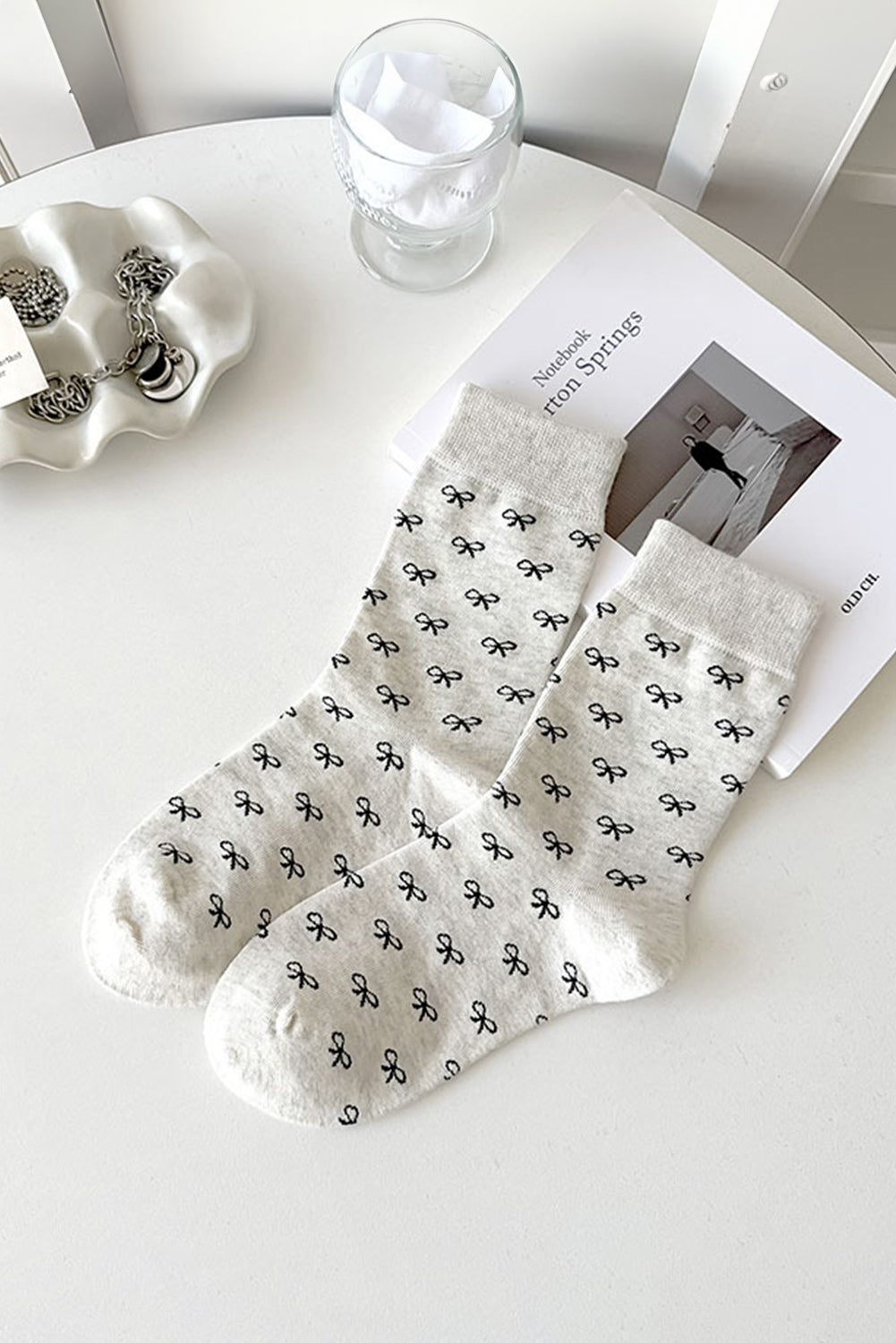 Bow Knots Rib-Knit Edge Crew Socks