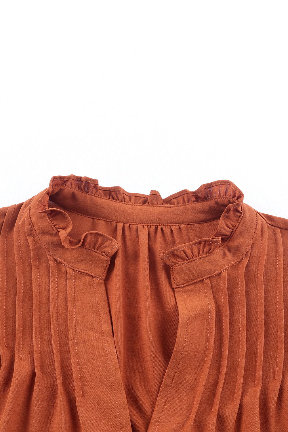 Women's Button-Front V Neck Ruffle-Trimmed Pleat-Detail Blouse
