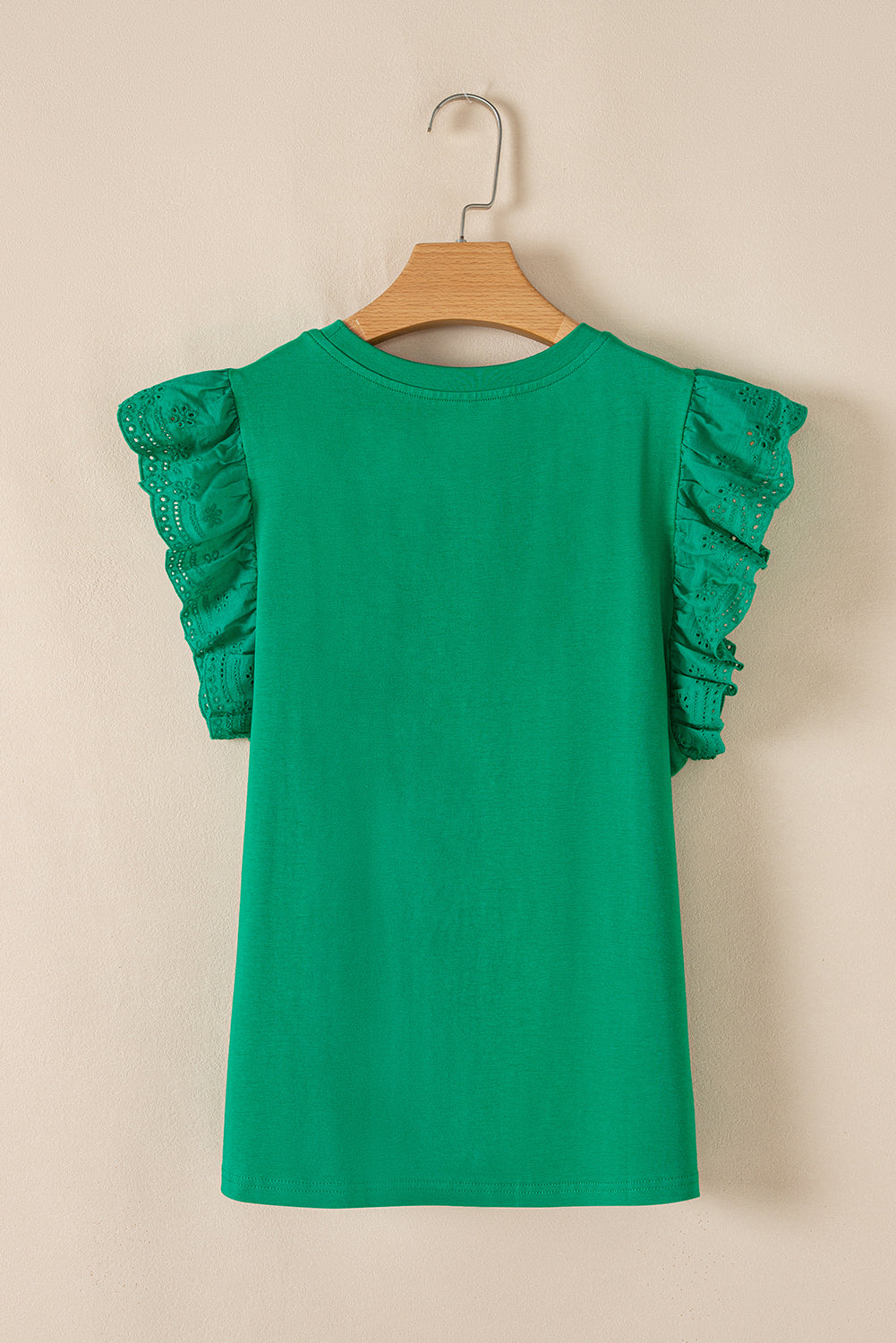 Green Embroidered Ruffled Sleeve Slim Fit Crew Neck Top