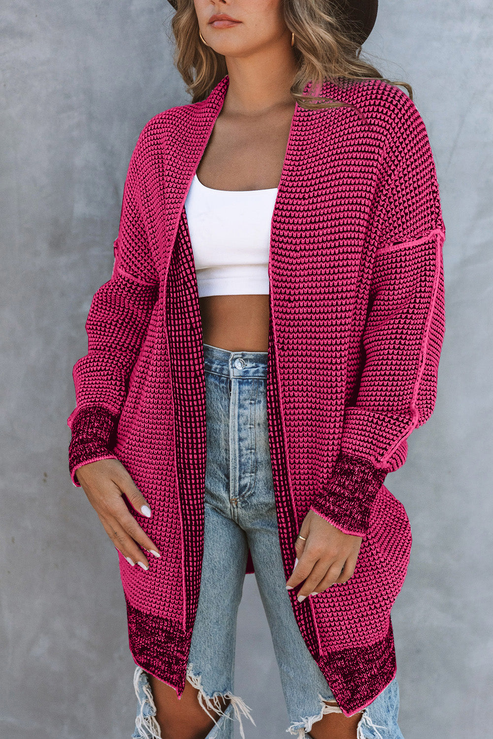 Women's Rose Plaid Knitted Long Open Front Cardigan
