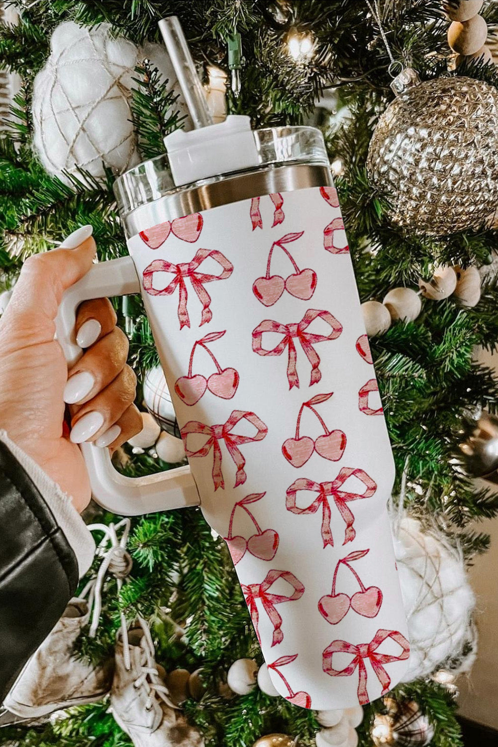 Cherry Large Bowknot Stylish Tumbler with Handle 40oz