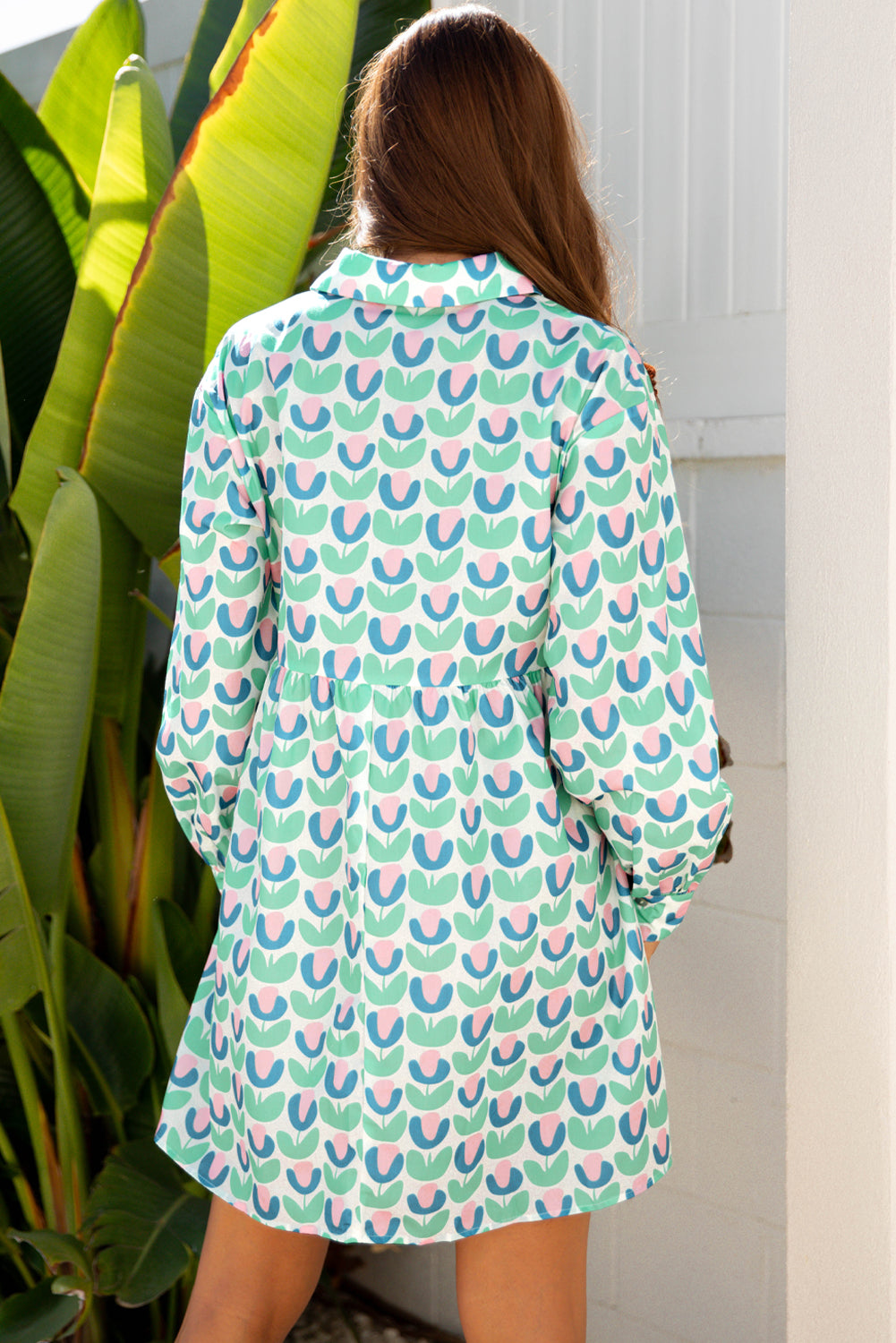 Floral-Print Scalloped Notched Neck Detail Long-Sleeved Mini Dress