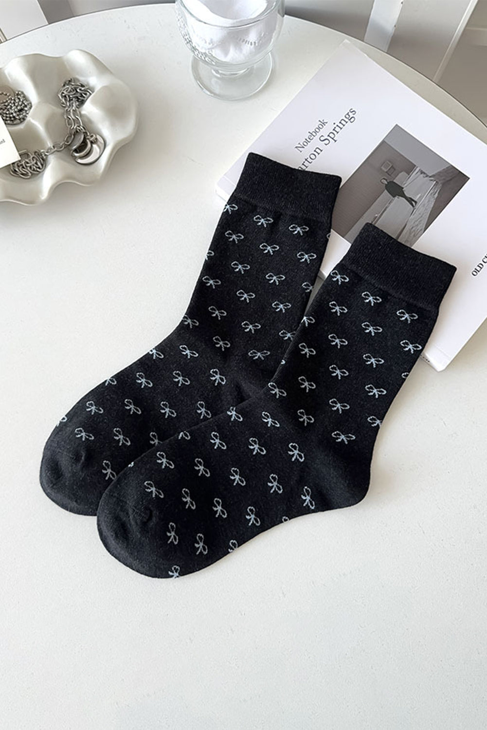 Rib-Knit Bow Knots Edge Crew Socks