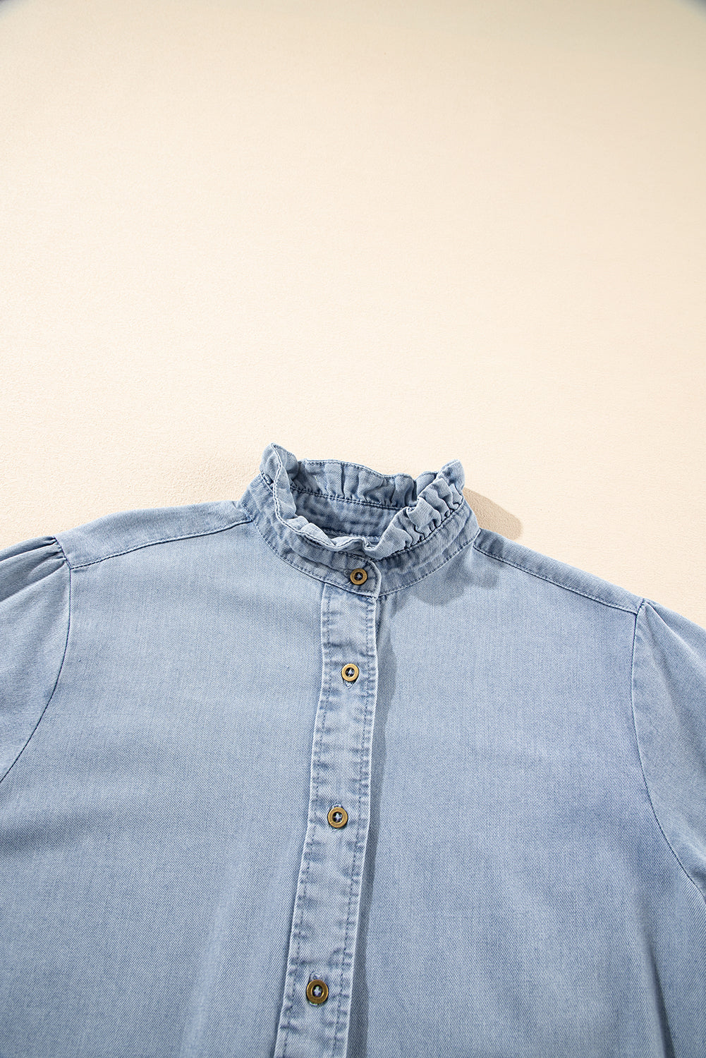 Ruffle Short Puff Sleeve Summer Chambray Shirt