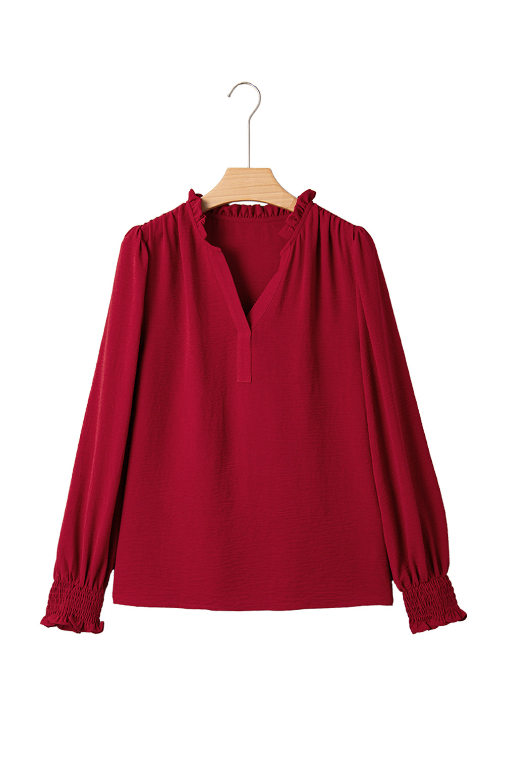 Neck Shirred Notched Shirred Cuff Long-Sleeved Blouse