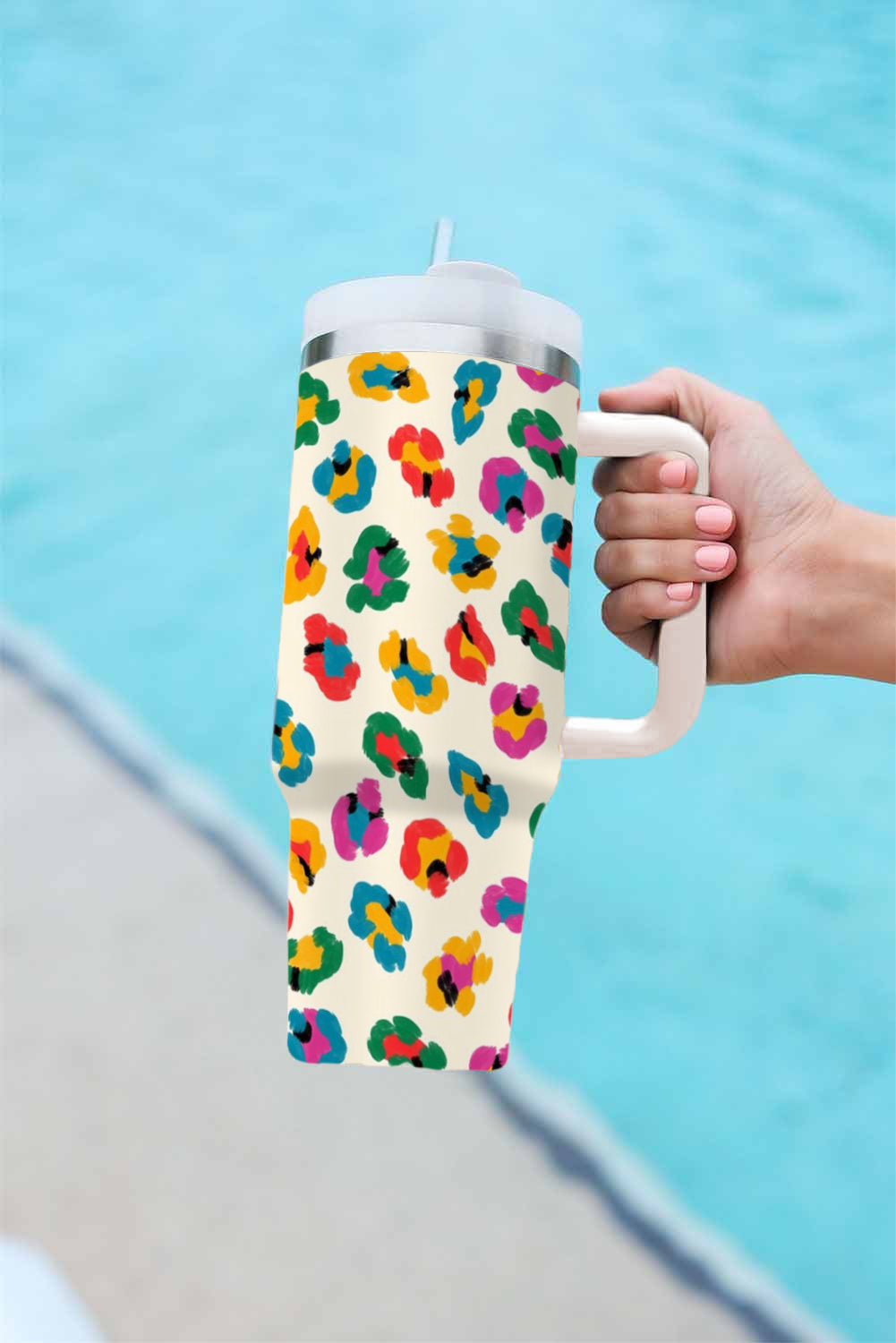 Leopard-Print Multi Color Handle Stainless Tumbler 40oz