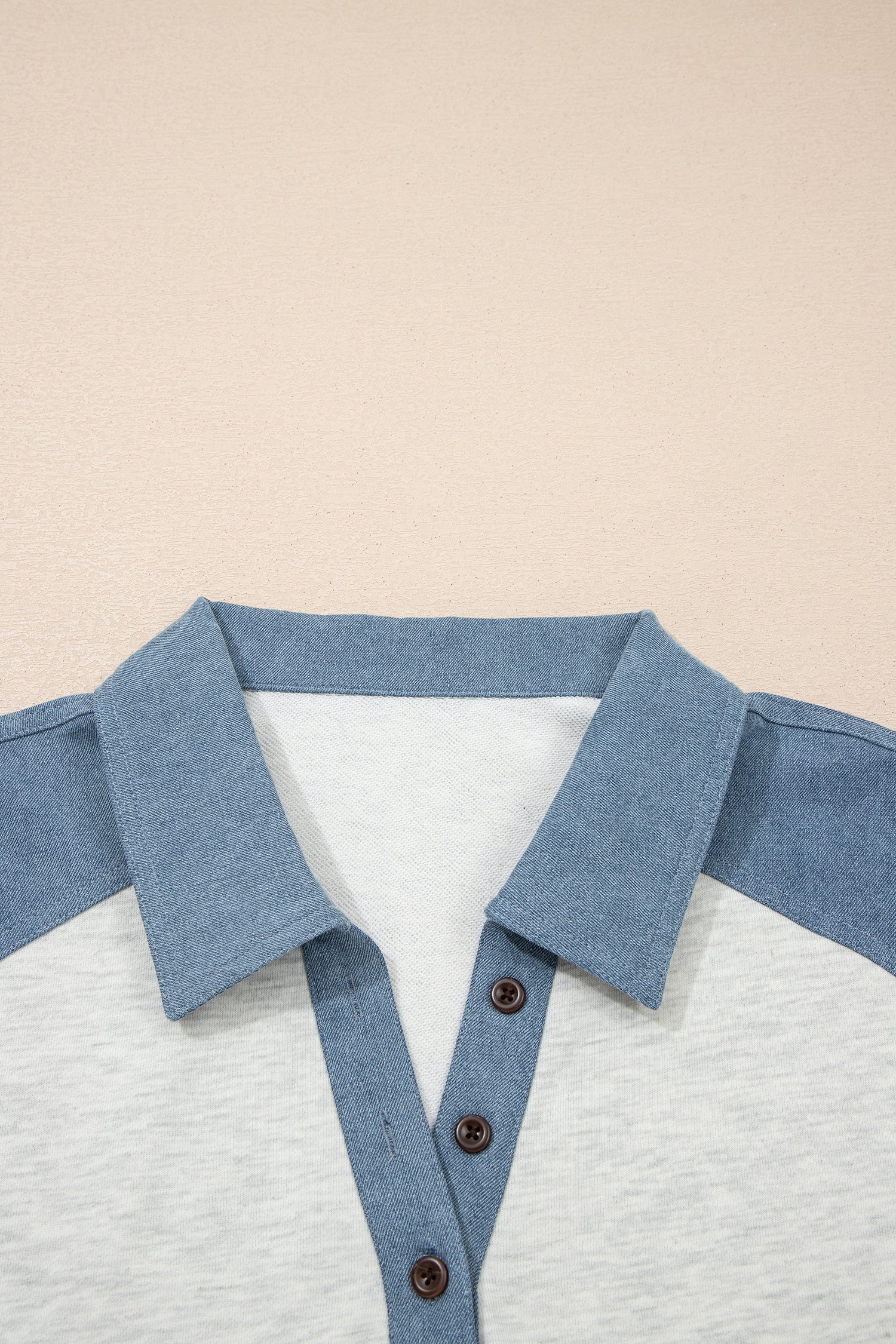 Plus Denim Size Contrast Patchwork Cuffed Sleeve Polo Tee in Beige