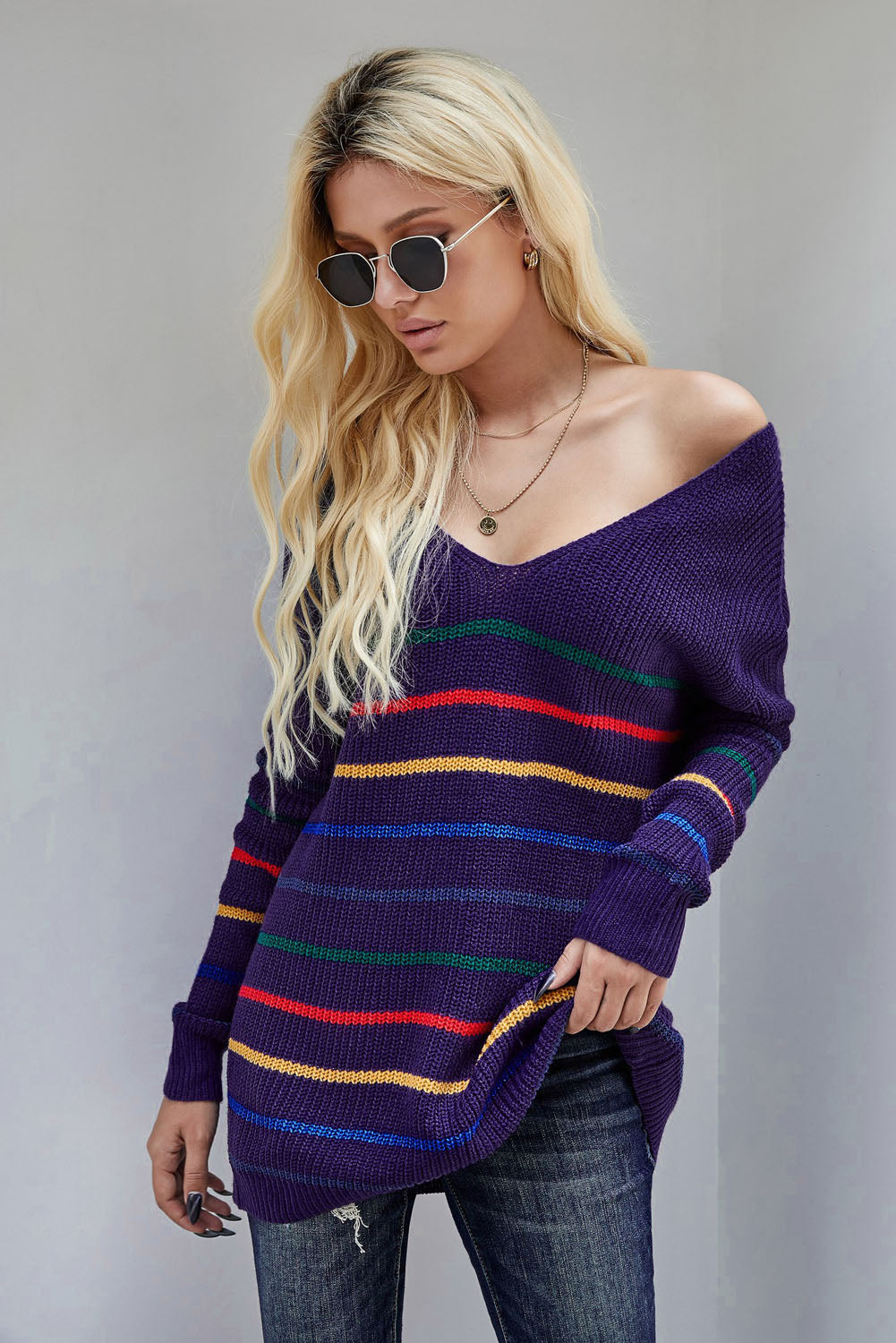 Knit Sweater for Women Blue Striped Loose