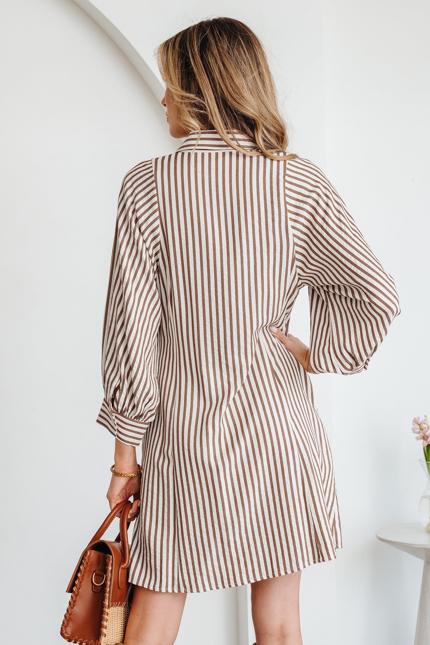 Stripe Knot Waist Button Down Mini Shirt Dress in Brown