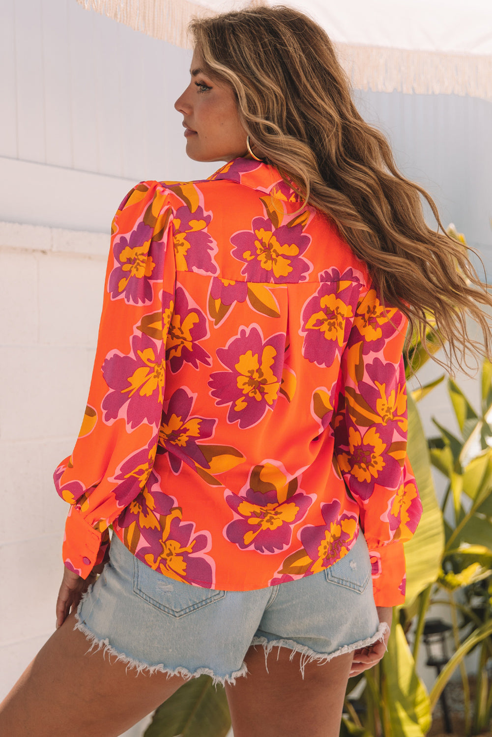 Lantern Sleeve Floral-Print Sleeve Shirt in Orange