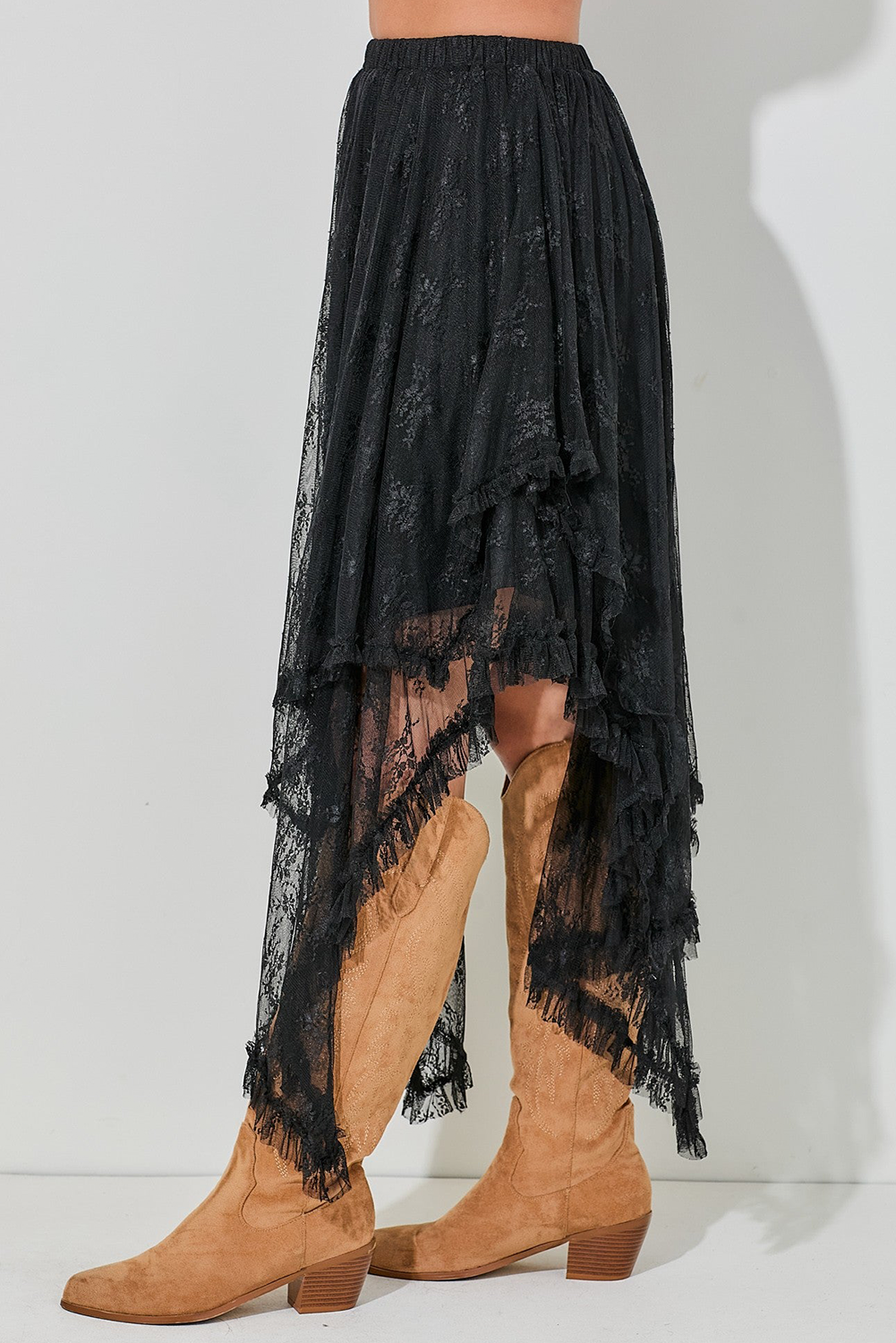 Lace High-Waisted Cascading Tiered Maxi Skirt in Black