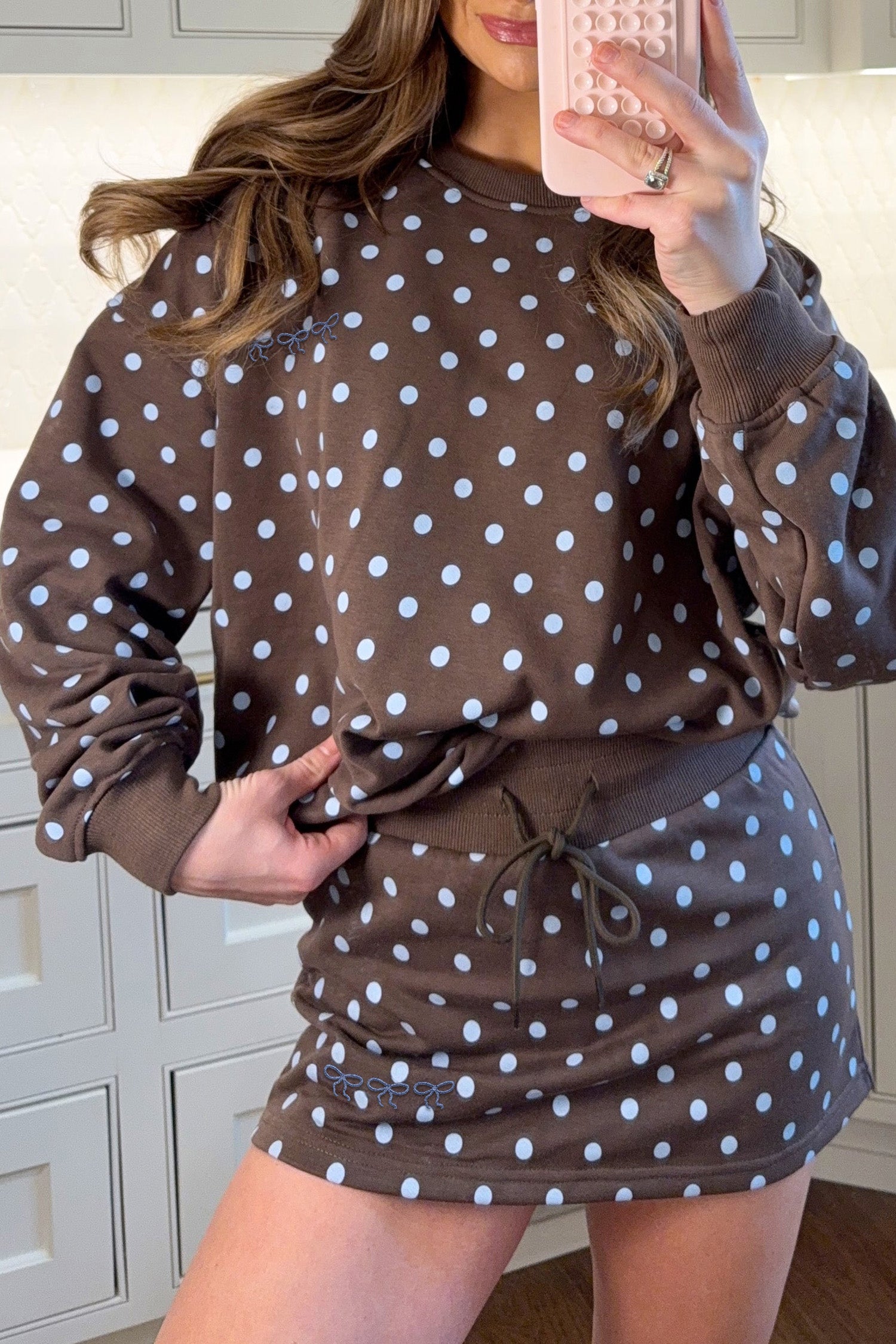 Pullover Embroidered Polka-Dot Embroidered Bow Detail 2pcs Skort Set in Brown