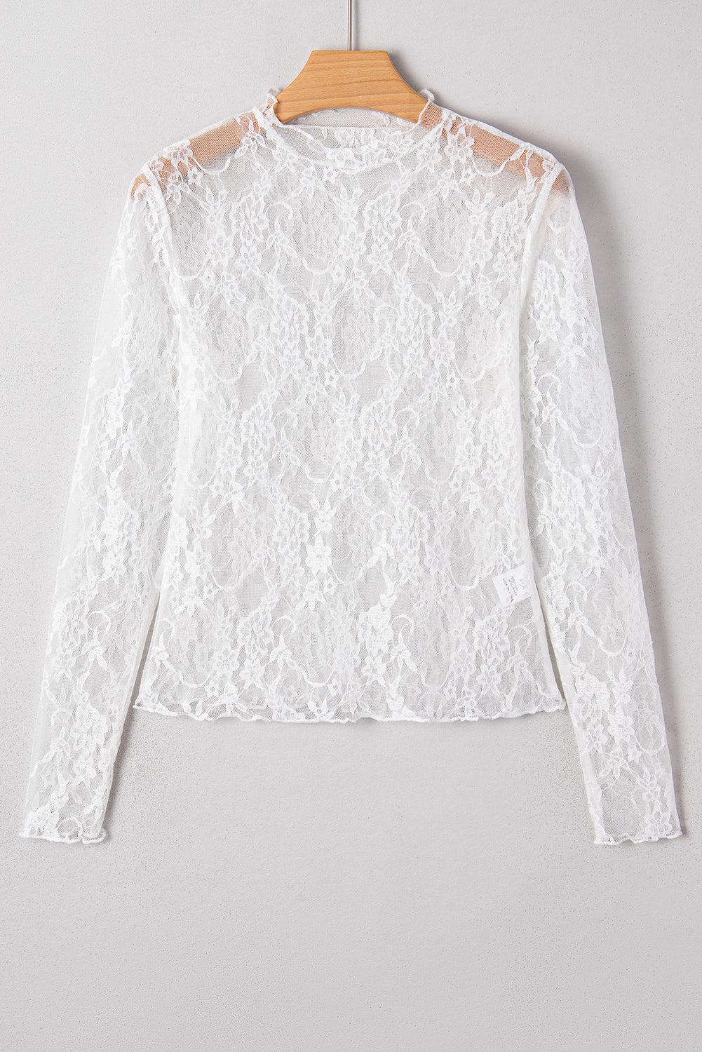 Lace Mesh Sheer Mesh Mock-Neck Slim Fit Long-Sleeved Top