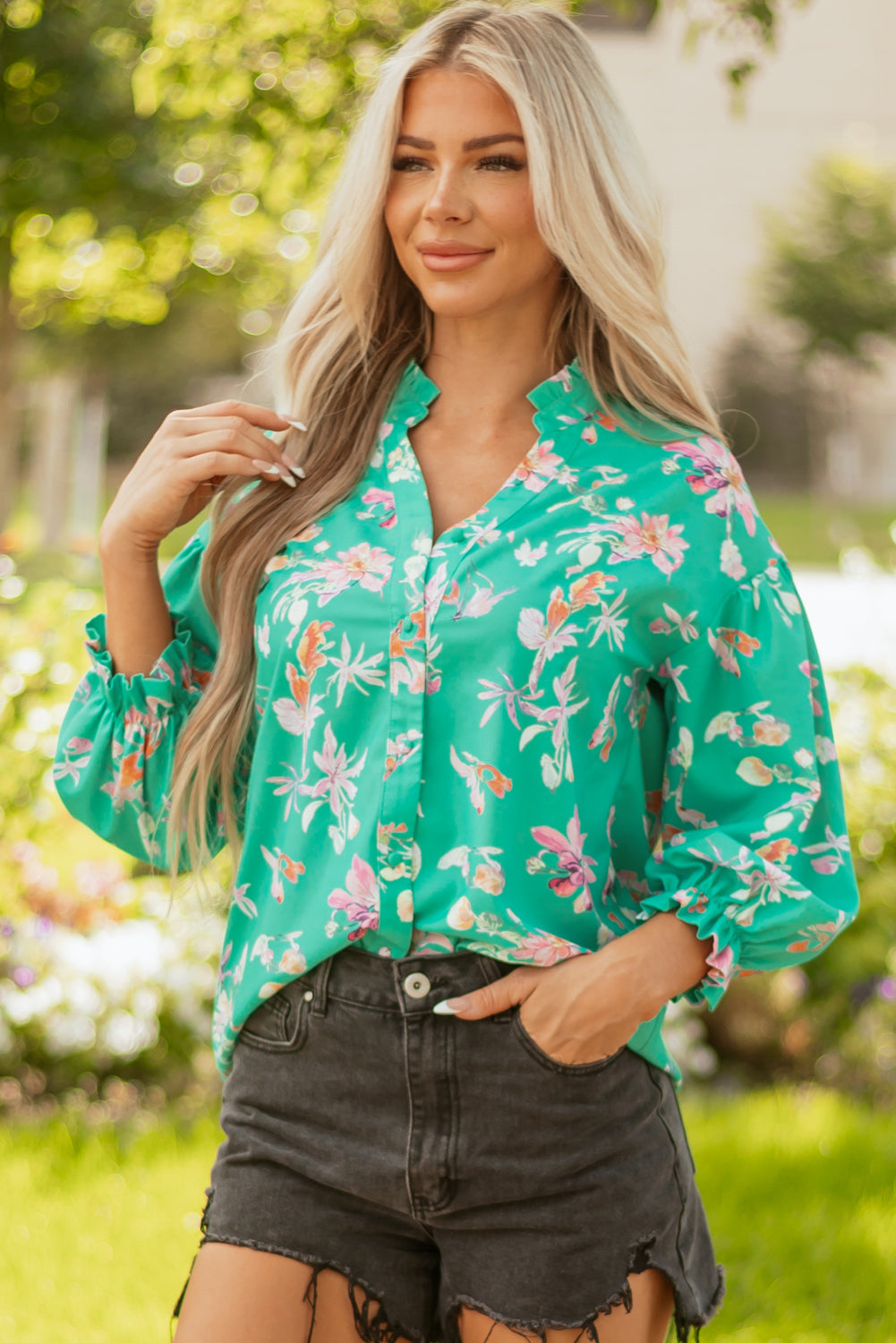 Floral Button Lantern Sleeve Front Shirt