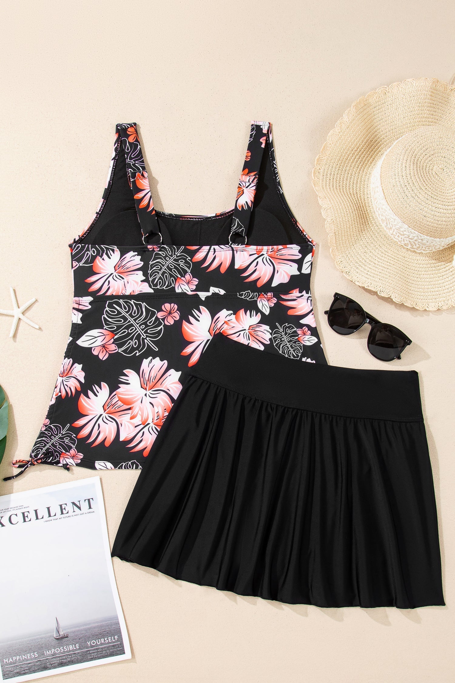 Scoop Neck Adjustable Tankini and Matching Skort Bathing Suit in Black