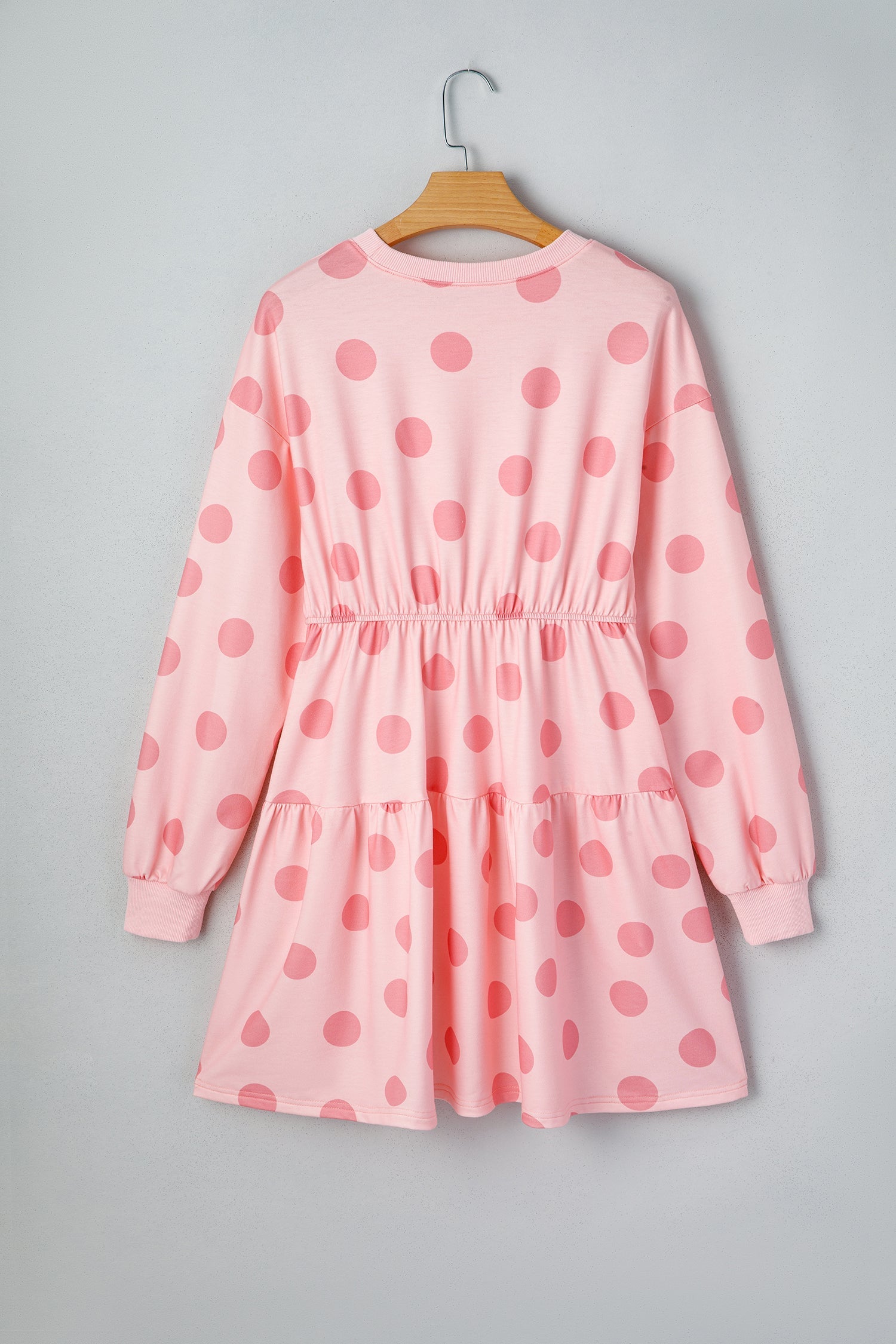 Polka-Dot Flared Printed Long-Sleeved Mini Dress in Pink