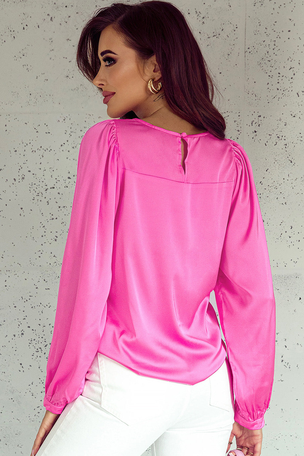Women's Crew Neck Satin Puff Long-Sleeve Blouse