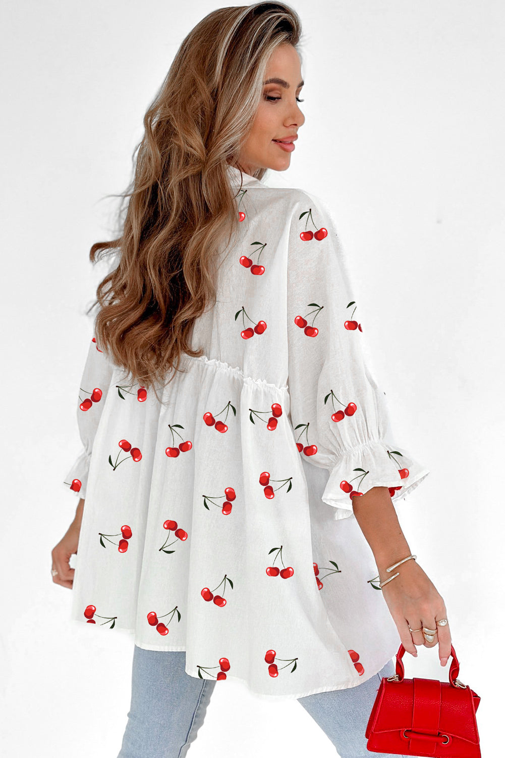 Print Flounce Cherry Flounce Sleeve Collared Frilled Babydoll Blouse