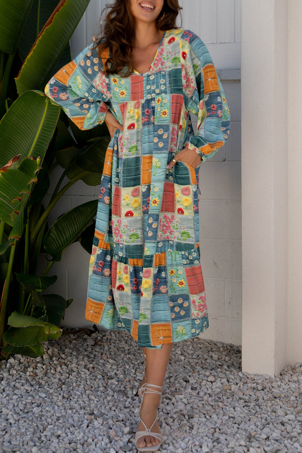 Checkered Mix Floral Pattern Bubble Sleeve Ruffle Hem Dress