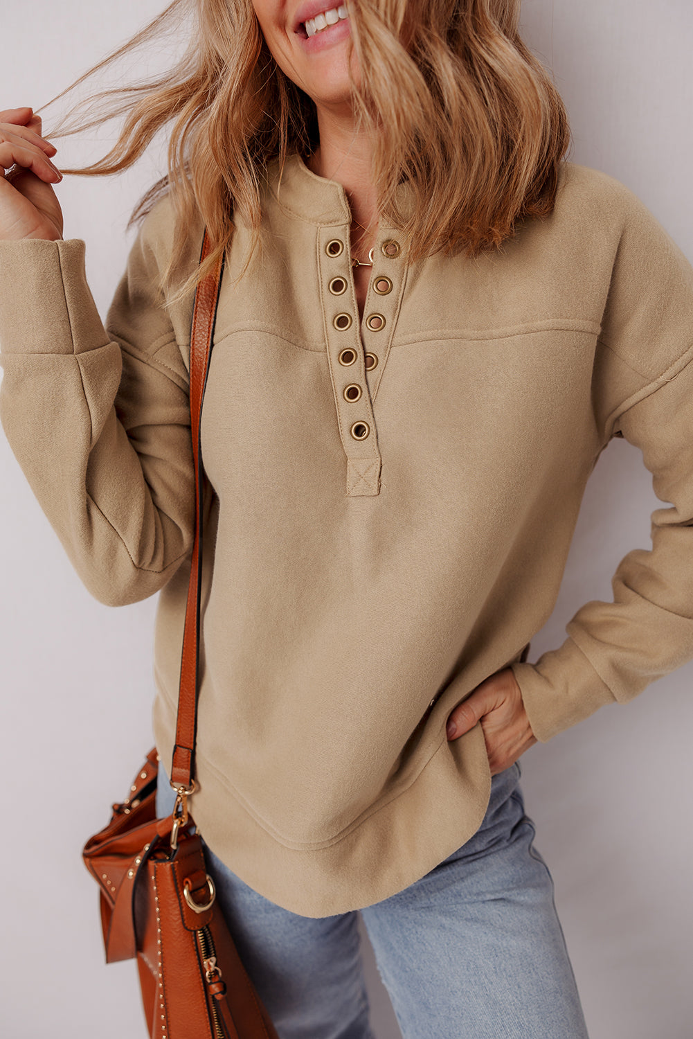 Grommet Detail V-Neck Sweatshirt