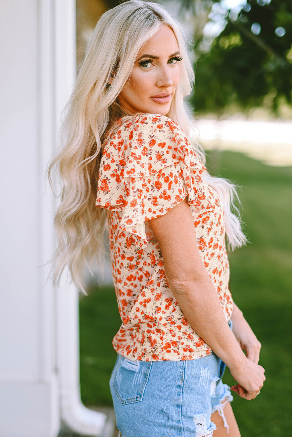 Blouse for Women Layered Flutter Sleeve Floral-Print