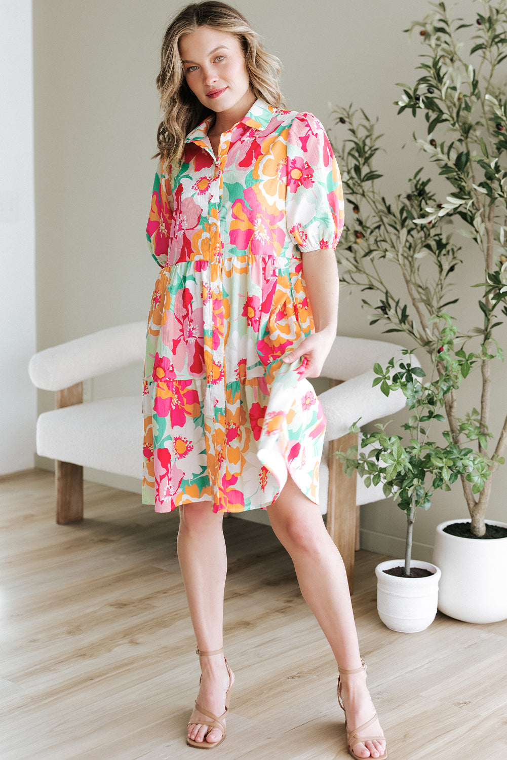 Floral Puff Sleeve Collar Buttoned Babydoll Dress