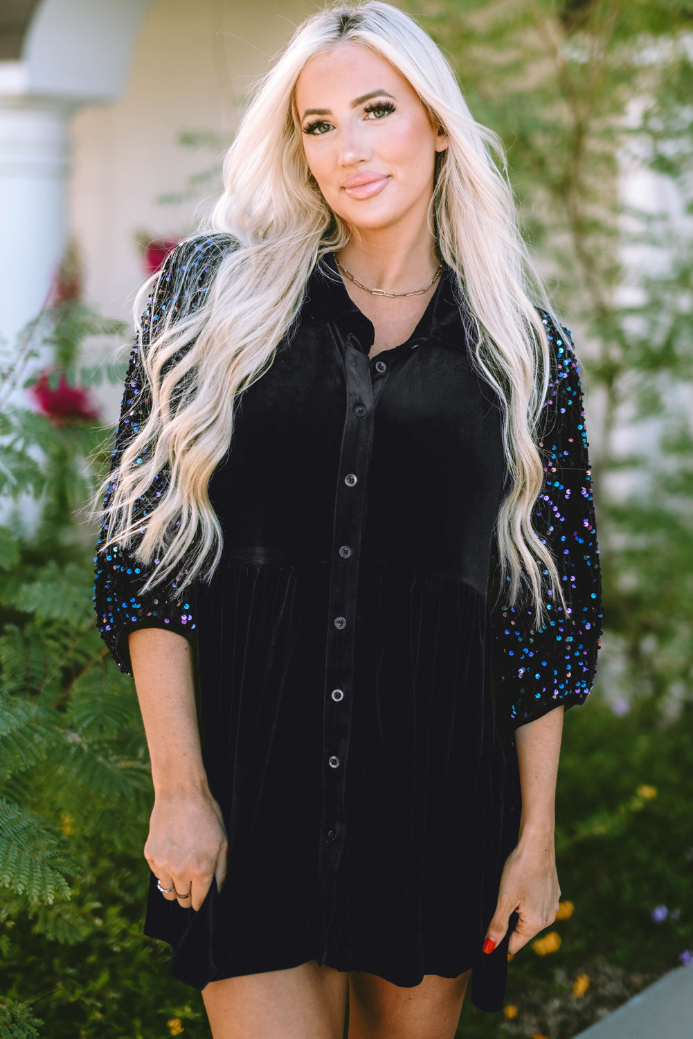 Shirt for Women Sequin Button-Front Velvet Peplum