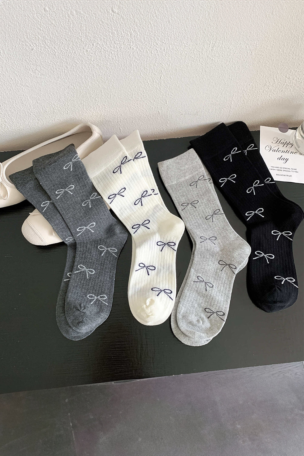 Bow Rib-Knit Knot Print Crew Socks