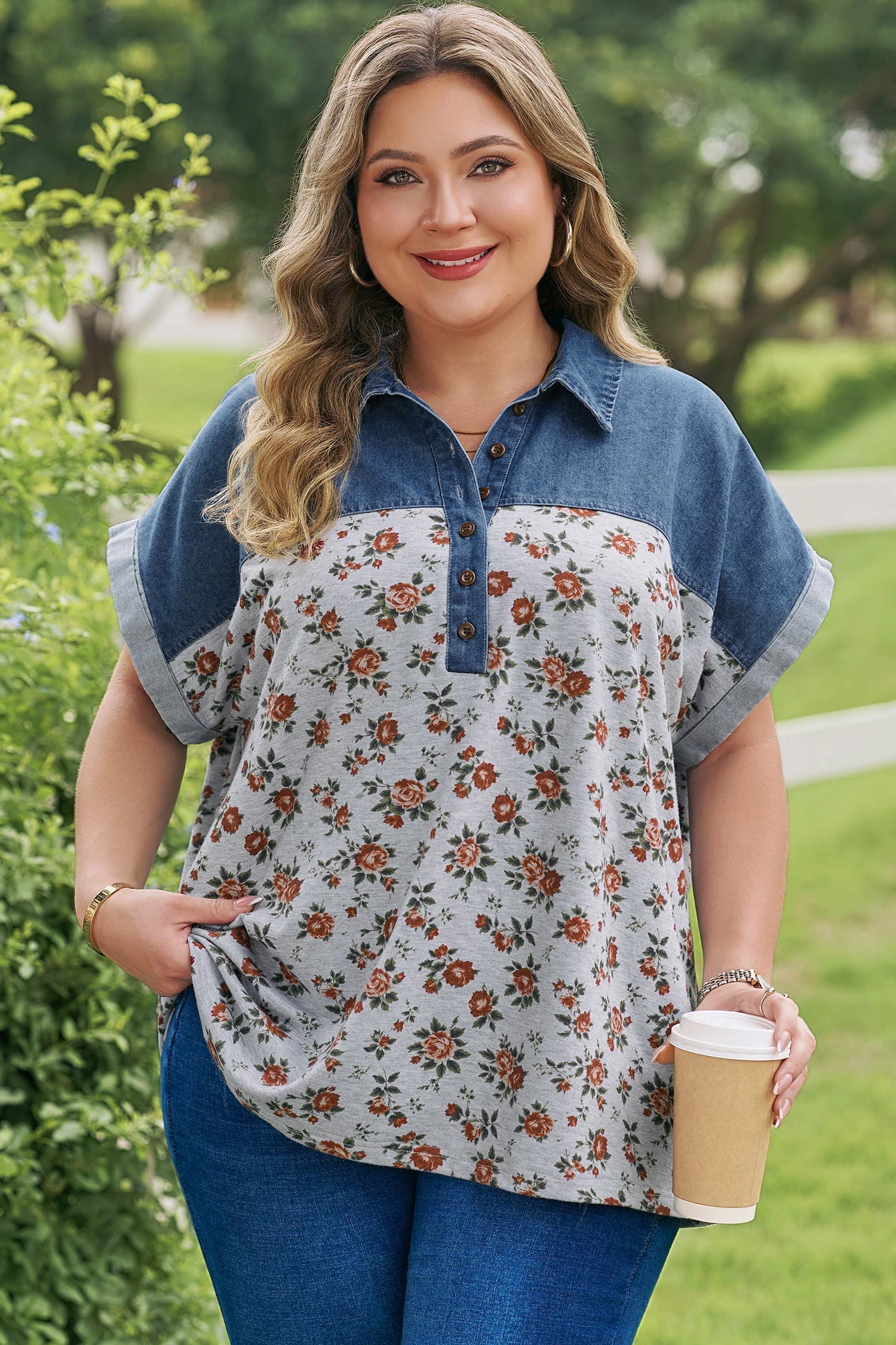 Floral-Print Denim Retro Denim Patchwork Plus Size Polo Tee in Gray