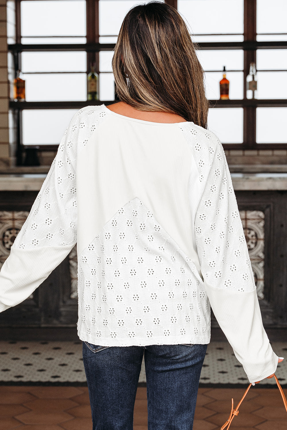 Twisted Embroidered Rib Patchwork Loose V-Neck Long-Sleeved Top