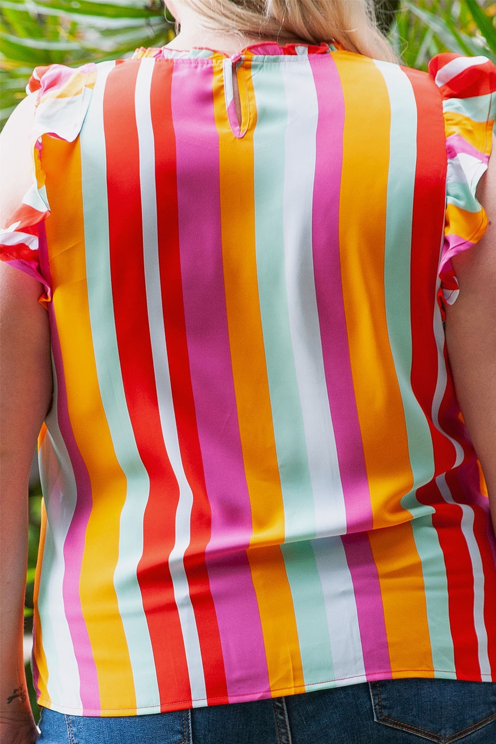 Women's Frill Neck Flutter Plus Size Stripe Print Blouse