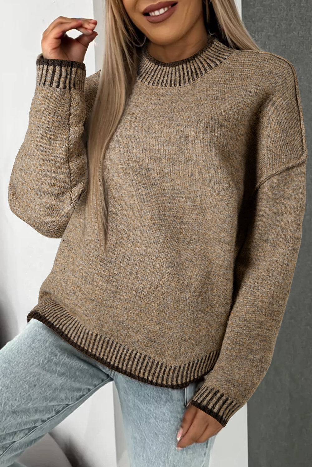Contrast Trim Mock Neck Drop Shoulder Sweater