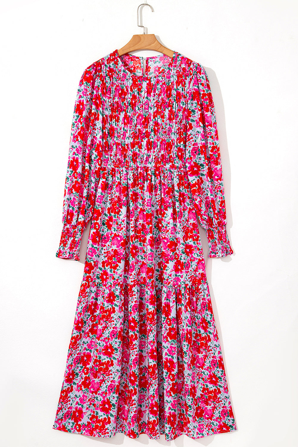Floral Print Smocked Lantern Sleeve Tiered Maxi Dress