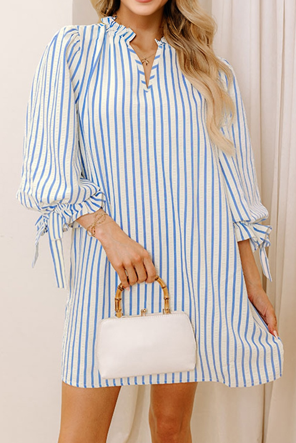 Stripe Sleeve Knotted Bracelet Shift Mini Dress in Sky Blue