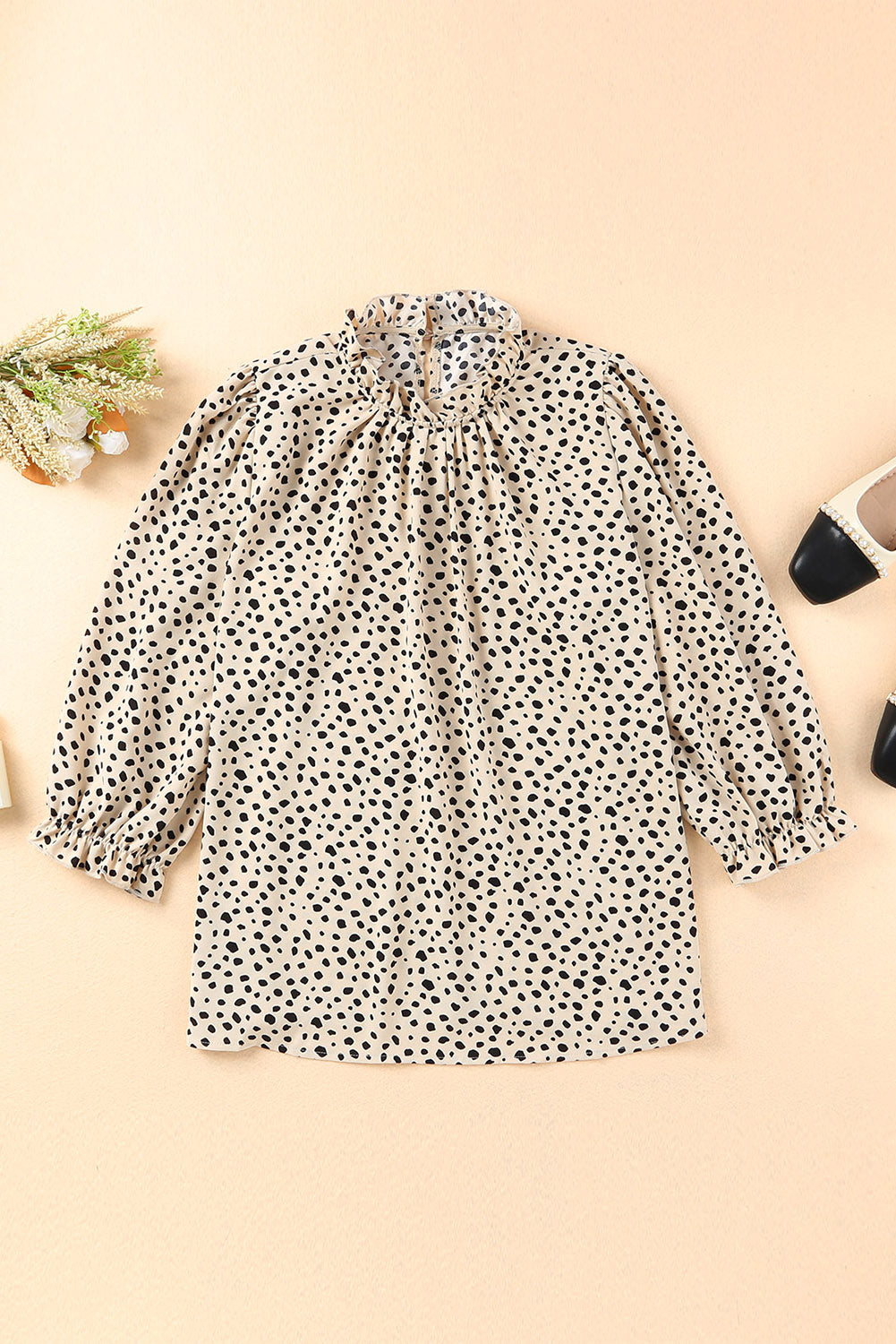 Women's Frill-Trimmed Neck 3/4 Sleeves Cheetah Blouse
